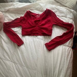 Garage Women's Red Ribbed Crop Top Plunge V Neck - Going Out Top